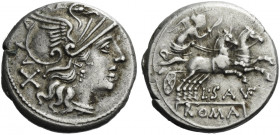 Roman Republic. 
L. Saufeius. Denarius 152, AR 3.91 g. Helmeted head of Roma r.; behind, X. Rev. Victory in prancing biga r.; below, L·SAVF and in ex...