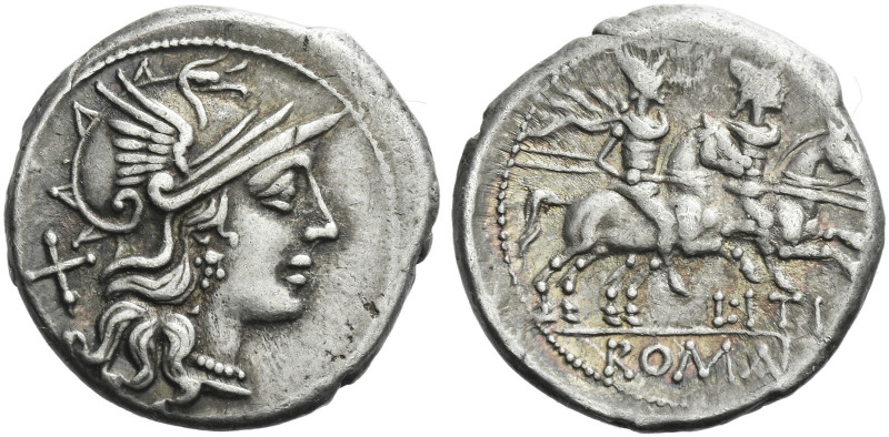Roman Republic.
L. Iteius. Denarius 149, AR 4.12 g. Helmeted head of Roma r.; b...