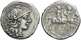 Roman Republic.
L. Iteius. Denarius 149, AR 4.12 g. Helmeted head of Roma r.; behind, X. Rev. The Dioscuri galloping r.; below, L·ITI and ROMA in par...