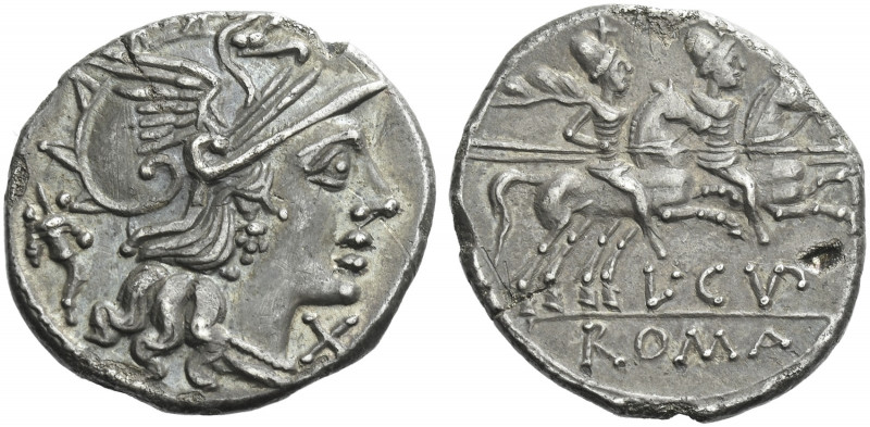 Roman Republic. 
L. Cupiennus. Denarius 147, AR 3.82 g. Helmeted head of Roma r...