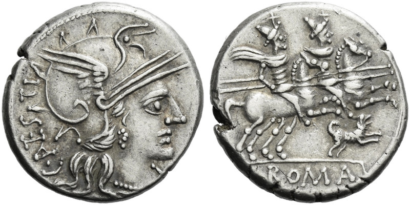 Roman Republic. 
C. Antesti. Denarius 146, AR 4.10 g. Helmeted head of Roma r.;...