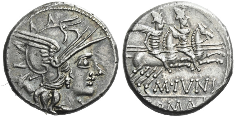 Roman Republic. 
M. Iunius. Denarius 145, AR 3.86 g. Helmeted head of Roma r.; ...