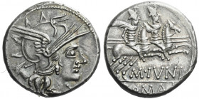Roman Republic. 
M. Iunius. Denarius 145, AR 3.86 g. Helmeted head of Roma r.; behind, ass's head and below chin, X. Rev. The Dioscuri galloping r.; ...