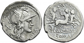 Roman Republic. 
M. Aurelius Cotta. Denarius 140, AR 3.85 g. Helmeted head of Roma r. with pendant necklace; behind, X and before, COTA. Rev. Hercule...