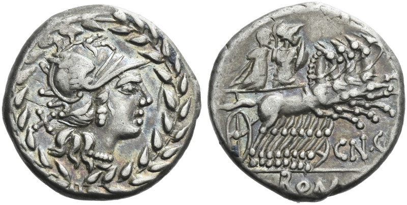 Roman Republic. 
Cn. Gellius. Denarius 138, AR 3.74 g. Helmeted head of Roma r....