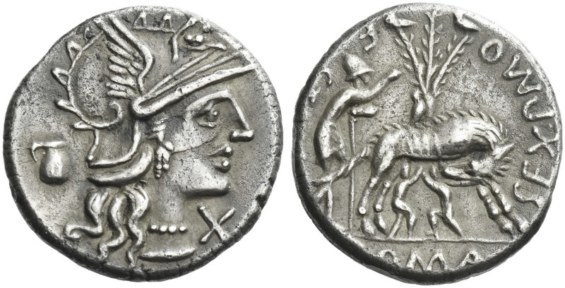 Roman Republic. 
Sex. Pompeius. Denarius 137, AR 3.85 g. Helmeted head of Roma ...