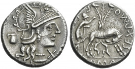 Roman Republic. 
Sex. Pompeius. Denarius 137, AR 3.85 g. Helmeted head of Roma r.; below chin, X. In l. field, jug. Rev. SEX.PMO [FOSTLVS] She-wolf s...