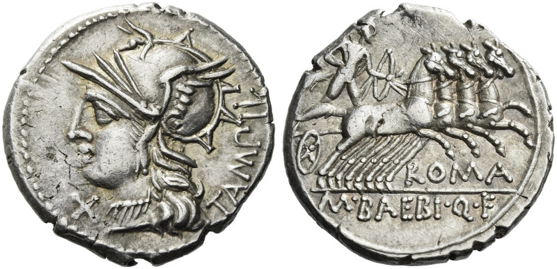 Roman Republic. 
M. Baebius Q.f. Tampilus. Denarius 137, AR 3.95 g. Helmeted he...
