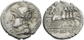 Roman Republic. 
M. Baebius Q.f. Tampilus. Denarius 137, AR 3.95 g. Helmeted head of Roma l.; below chin, X. Behind, TAMPIL. Rev. Apollo in prancing ...