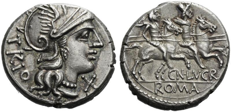 Roman Republic. 
Cn. Lucretius Trio. Denarius 136, AR 3.99 g. Helmeted head of ...