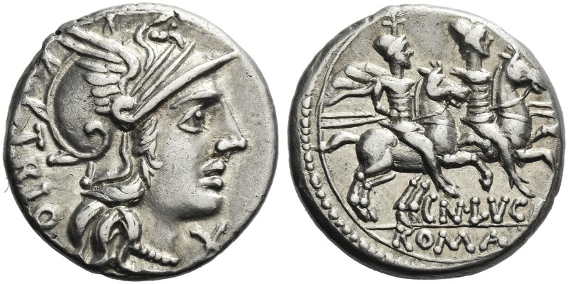Roman Republic. 
Cn. Lucretius Trio. Denarius 136, AR 3.98 g. Helmeted head of ...