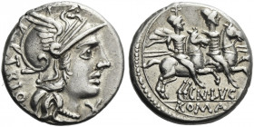 Roman Republic. 
Cn. Lucretius Trio. Denarius 136, AR 3.98 g. Helmeted head of Roma r.; below chin, X and behind, TRIO. Rev. The Dioscuri galloping r...