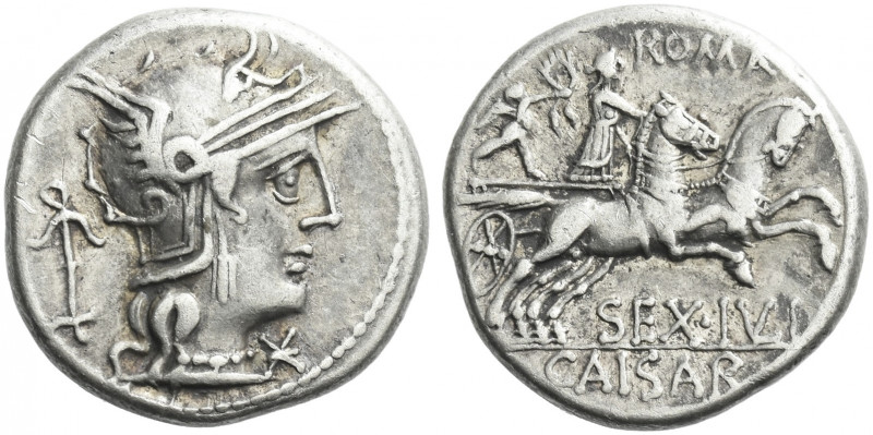 Roman Republic. 
Sex. Iulius Caesar. Denarius 129, AR 3.98 g. Helmeted head of ...