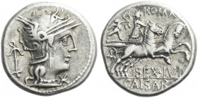 Roman Republic. 
Sex. Iulius Caesar. Denarius 129, AR 3.98 g. Helmeted head of Roma r.; behind, anchor and below chin, *. Rev. ROMA Venus in prancing...