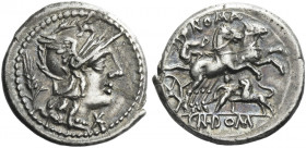 Roman Republic. 
Cn. Domitius Calvinus. Denarius 128, AR 3.92 g. Helmeted head of Roma r.; below chin, * and behind, stalk of corn. Rev. Victory in p...