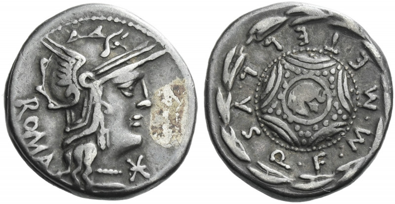 Roman Republic. 
M. Metellus Q. f. Denarius 127, AR 3.44 g. Helmeted head of Ro...
