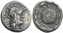 Roman Republic. 
M. Metellus Q. f. Denarius 127, AR 3.44 g. Helmeted head of Roma r.; behind, ROMA downwards, below chin *. Rev. M METELLVS Q F aroun...