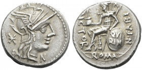 Roman Republic. 
N. Fabius Pictor. Denarius 126, AR 3.87 g. Helmeted head of Roma r.; behind, * and before, N Rev. N·FABI – PICTOR Q.Fabius Pictor, w...
