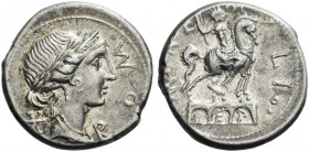 Roman Republic. 
Man. Aemilius Lepidus. Denarius 114 or 113, AR 3.98 g. ROMA Laureate, diademed and draped bust of Roma r.; behind, *. Rev. MN·AE – M...