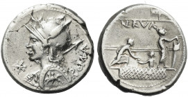 Roman Republic. 
P. Licinius Nerva. Denarius 113 or 112, AR 3.87 g. Helmeted bust of Roma l., holding shield in l. hand and spear over shoulder in r....