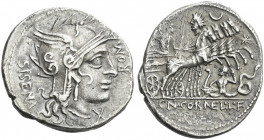 Roman Republic. 
Cn. Cornelius L.f. Sisenna. Denarius 118-107, AR 3.76 g. Helmeted head of Roma r.; behind, SISENA; before, ROMA; below, X. Rev. Jupi...