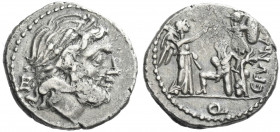Roman Republic. 
C. Fundanius Q. Quinarius 101, AR 1.94 g. Laureate head of Jupiter r.; behind, •E Rev. C·FVNDA Victory r., holding palm branch and c...
