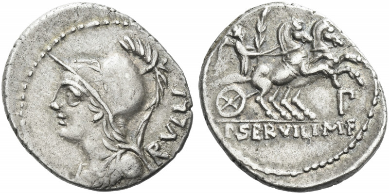 Roman Republic. 
P. Servilius M.f. Rullus. Denarius 100, AR 3.79 g. Helmeted bu...