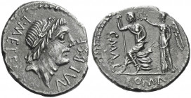 Roman Republic. 
C. Publicius Malleolus, A. Postumius Sp. f. Albinus and L. Metellus. Denarius 96 (?), AR 3.62 g. L·METEL – A·ALB SF Laureate head of...