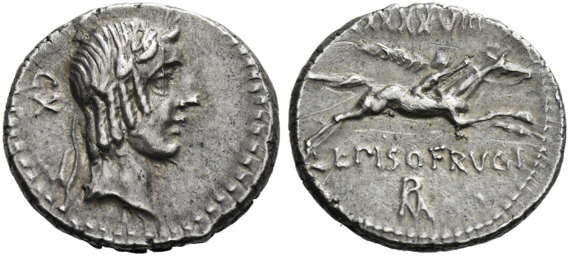 Roman Republic. 
L. Piso Frugi. Denarius 90, AR 3.90 g. Laureate head of Apollo...