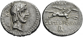 Roman Republic. 
L. Piso Frugi. Denarius 90, AR 3.90 g. Laureate head of Apollo r.; behind, CX. Rev. Horseman galloping r., holding torch in upraised...