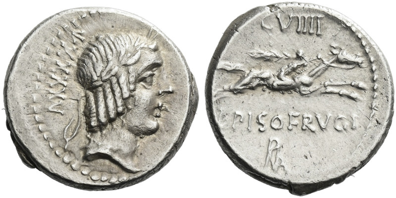 Roman Republic. 
L. Piso Frugi. Denarius 90, AR 3.96 g. Laureate head of Apollo...