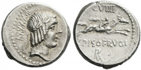 Roman Republic. 
L. Piso Frugi. Denarius 90, AR 3.96 g. Laureate head of Apollo r.; behind, (arrow)XXXXV. Rev. Horseman galloping r., holding torch i...