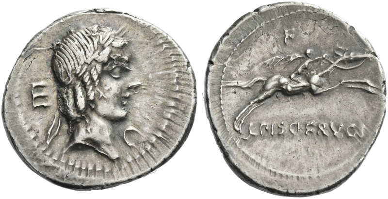 Roman Republic. 
L. Piso Frugi. Denarius 90, AR 3.70 g. Laureate head of Apollo...