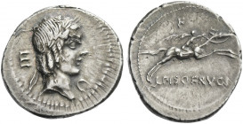 Roman Republic. 
L. Piso Frugi. Denarius 90, AR 3.70 g. Laureate head of Apollo r.; behind, E and below the chin, C. Rev. Horseman galloping r., hold...