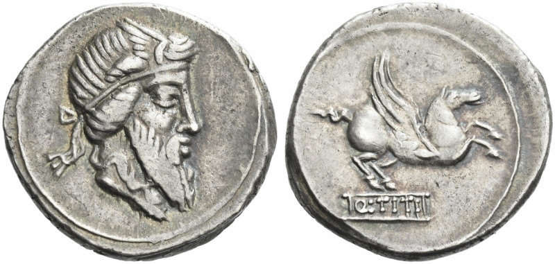 Roman Republic. 
Q. Titius. Denarius 90, AR 3.92 g. Head of Mutinus Titinus r.,...