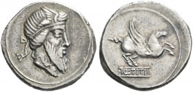 Roman Republic. 
Q. Titius. Denarius 90, AR 3.92 g. Head of Mutinus Titinus r., wearing winged diadem. Rev. Pegasus prancing r.; below, Q·TITI in lin...
