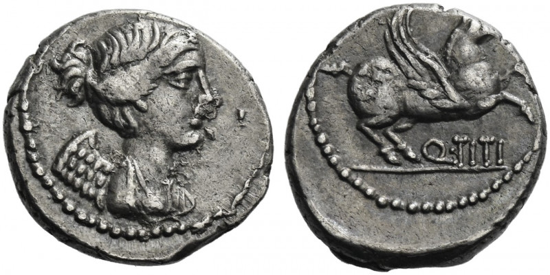 Roman Republic.
Q. Titius. Quinarius 90, AR 2.06 g. Draped bust of Victory r. R...