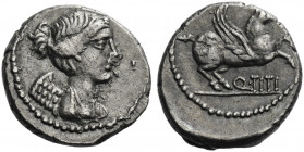 Roman Republic.
Q. Titius. Quinarius 90, AR 2.06 g. Draped bust of Victory r. Rev. Pegasus prancing r.; below, Q·TITI. Babelon Titia 3. Sydenham 693....