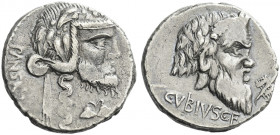 Roman Republic. 
C. Vibius C.f. Pansa. Denarius 90, AR 3.74 g. PANSA Mask of bearded Silenus r. Rev. C·VIBIVS·C·F Mask of bearded Pan r.; before, unc...