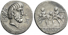 Roman Republic. 
L. Titurius L.f. Sabinus. Denarius 89, AR 3.68 g. SABIN Head of King Tatius r.; before, TA ligate. Rev. Rape of the Sabine women; in...