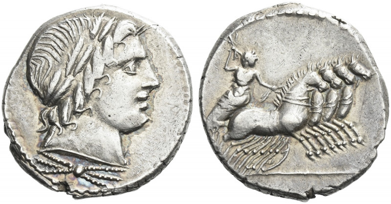 Roman Republic. 
Gar, Ogul, Ver. Denarius 86, AR 3.83 g. Laureate head of Apoll...