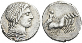Roman Republic. 
Gar, Ogul, Ver. Denarius 86, AR 3.83 g. Laureate head of Apollo r.; below neck truncation, thunderbolt. Rev. Jupiter in fast quadrig...