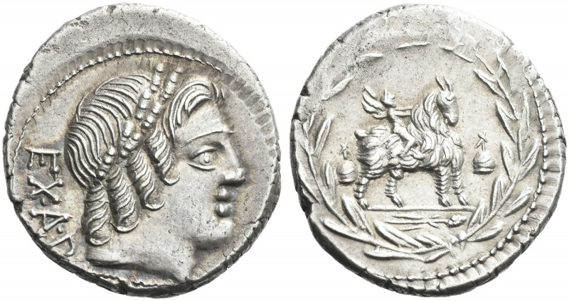 Roman Republic. 
Mn. Fonteius C.f. Denarius 85, AR 3.92 g. Laureate head of Apo...