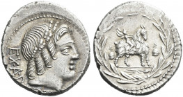 Roman Republic. 
Mn. Fonteius C.f. Denarius 85, AR 3.92 g. Laureate head of Apollo r.; behind, EX·A·P. Rev. Cupid on goat r., on either side, pileii;...