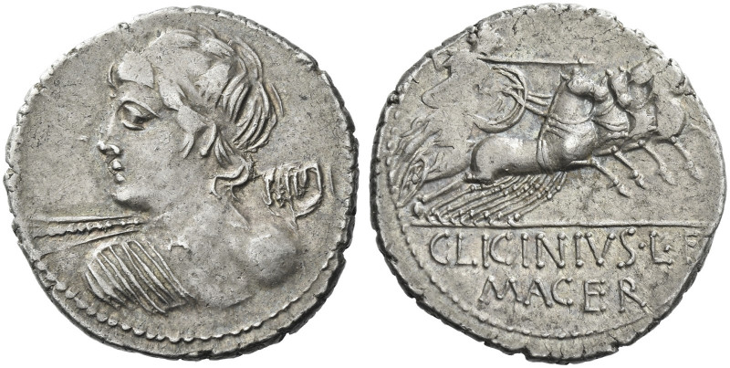 Roman Republic. 
C. Licinius L.f. Macer. Denarius 84, AR 3.98 g. Bust of Apollo...
