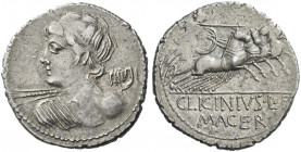 Roman Republic. 
C. Licinius L.f. Macer. Denarius 84, AR 3.98 g. Bust of Apollo seen from behind, with head turned l., holding thunderbolt in r. hand...