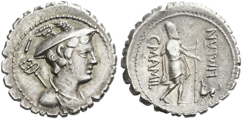 Roman Republic. 
C. Mamilius Limetanus. Denarius serratus 82, AR 3.98 g. Draped...