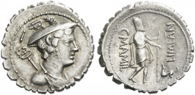 Roman Republic. 
C. Mamilius Limetanus. Denarius serratus 82, AR 3.98 g. Draped bust of Mercury r., wearing winged petasus; caduceus over l. shoulder...