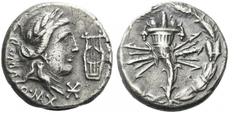 Roman Republic. 
Q. Fabius Maximus. Denarius 82-80, AR 3.90 g. Laureate head of...