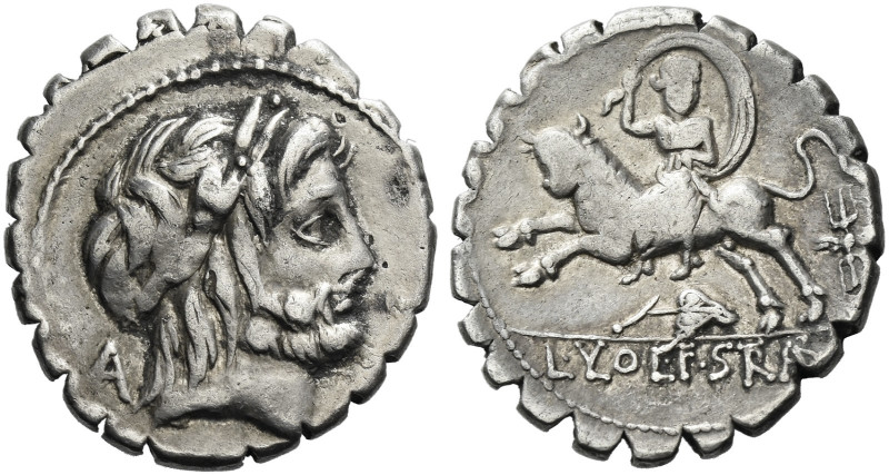 Roman Republic. 
L. Volteius L.f. Strabo. Denarius serratus 81, AR 3.85 g. Laur...